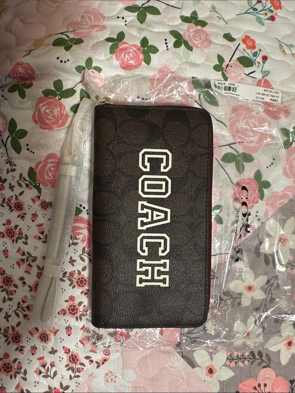 Coach Brown Signature Zip Phone Wristlet with White Logo